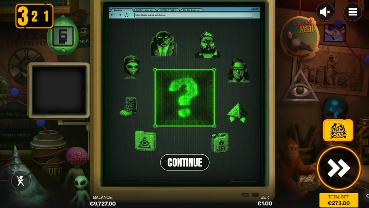 Tampilan layar slot Truth dengan tema konspirasi retro dan bunker rahasia.
