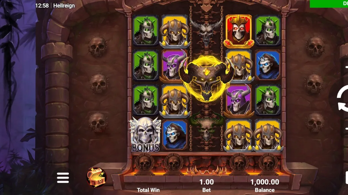 Tampilan visual slot Hellreign Scatter Magnet dengan tema neraka yang gelap